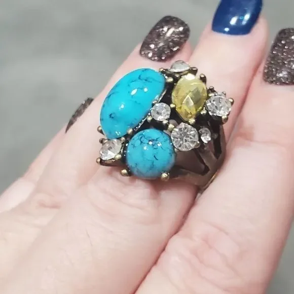 Turquoise Yellow Stone Rhinestone Statement Ring Antique Brass Stretch‎ Band - Picture 3 of 6